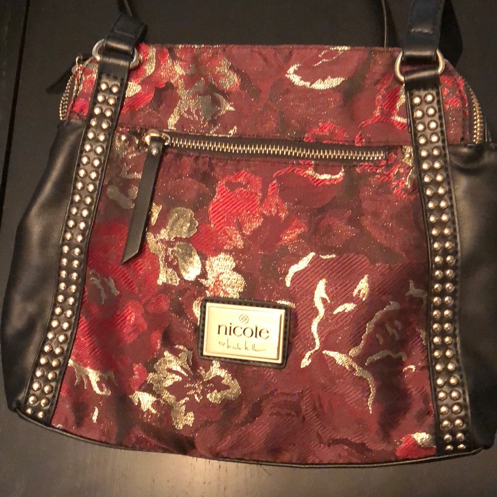 Nicole Miller black/burgundy/gold floral purse.